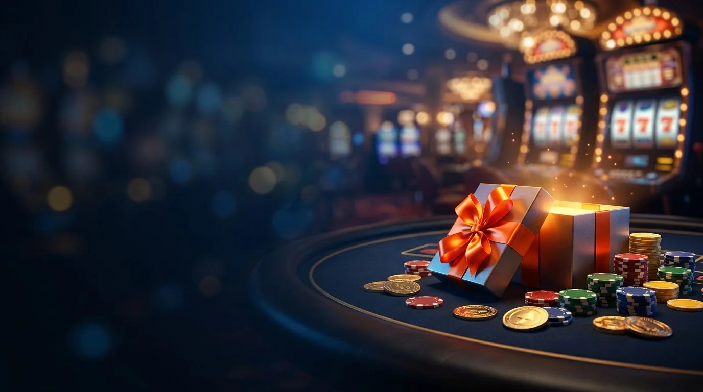 Dárková krabice s oranžovou stuhou, casino žetony a herní automaty