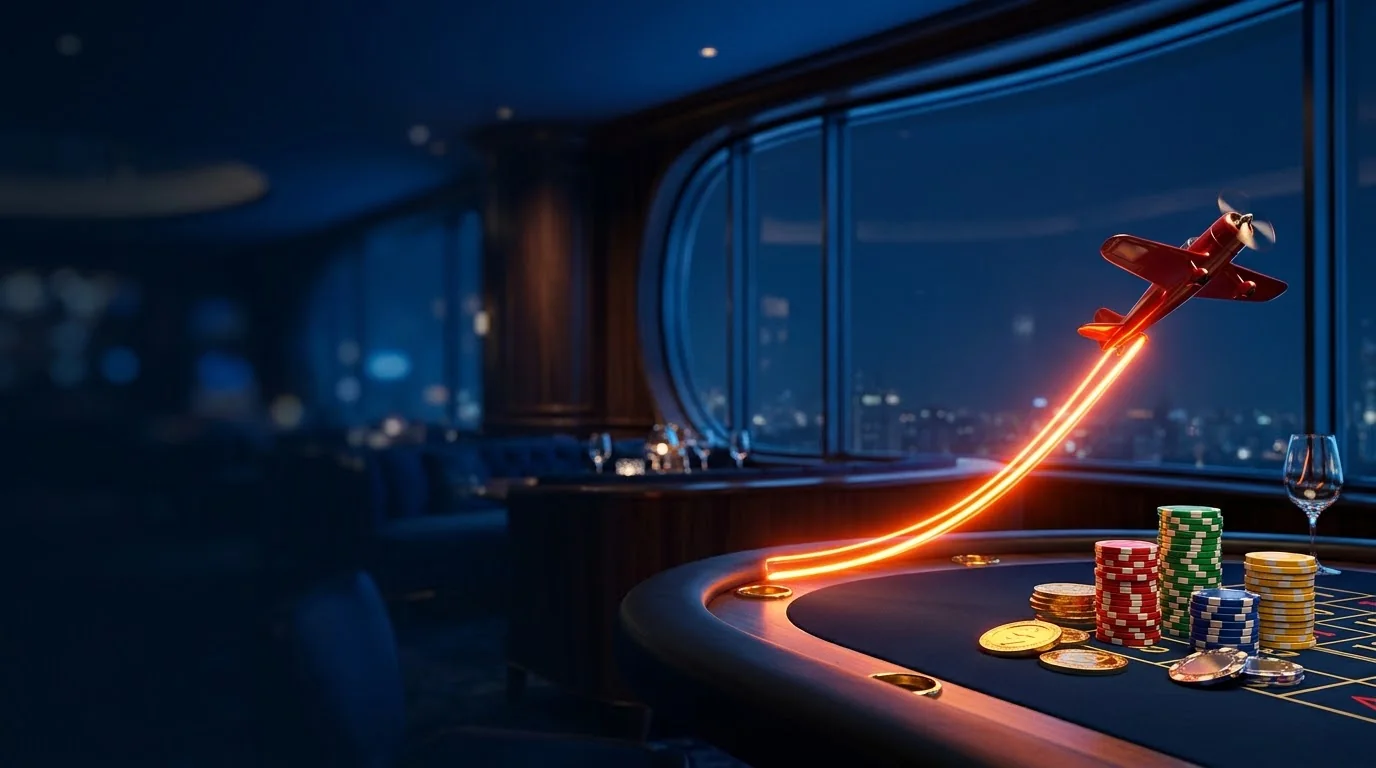 Červené letadlo stoupá po oranžové světelné stopě nad hromadami casino žetonů