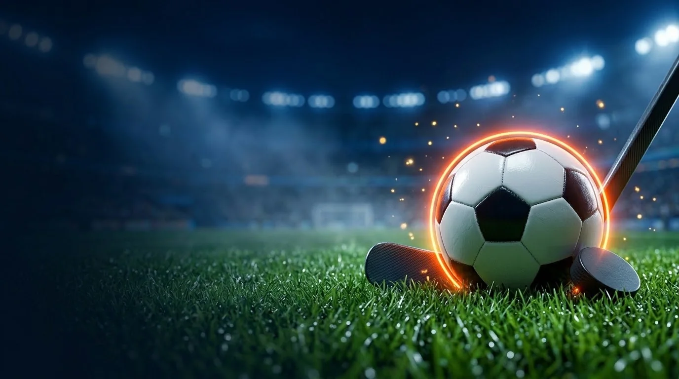 Fotbalový míč na mokré trávě v noci, vedle něj hokejový puk a hokejka, v pozadí světla stadionu