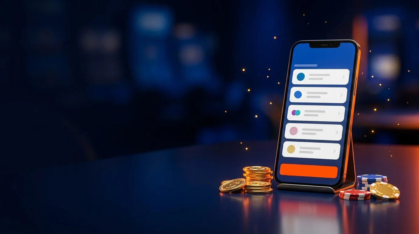 Chytrý telefon na stojánku s modrou obrazovkou pokladny, řádky s platebními metodami a oranžovým tlačítkem, vedle zlaté mince a kasinové žetony